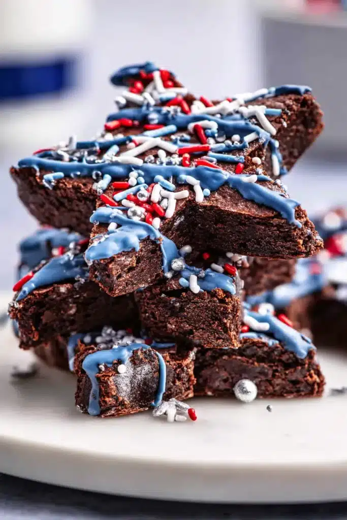 Star-Spangled Brownies with blue candy drizzle and patriotic sprinkles