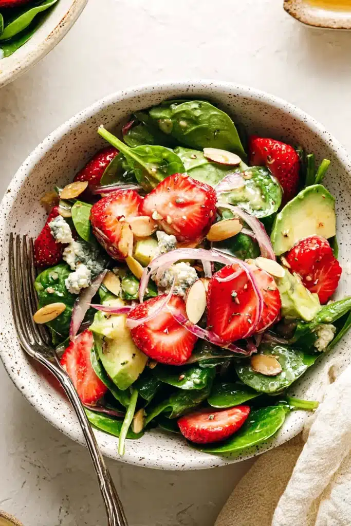 Strawberry Avocado Spinach Salad served with strawberries, avocado, blue cheese, and almonds