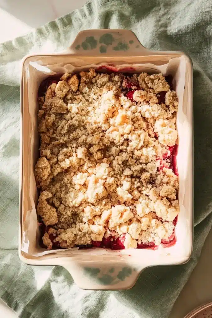 Strawberry Crumb Bars 3 Strawberry Crumb Bars ready to bake with buttery crumb topping
