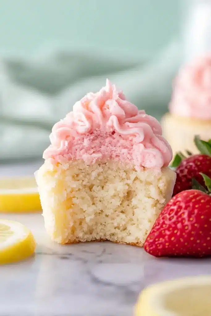 Strawberry Lemonade Cupcakes 2 Strawberry Lemonade Cupcakes showing moist lemon crumb and strawberry frosting