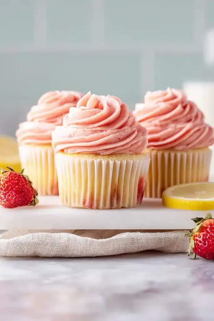Strawberry Lemonade Cupcakes 3 Strawberry Lemonade Cupcakes with pink strawberry buttercream frosting