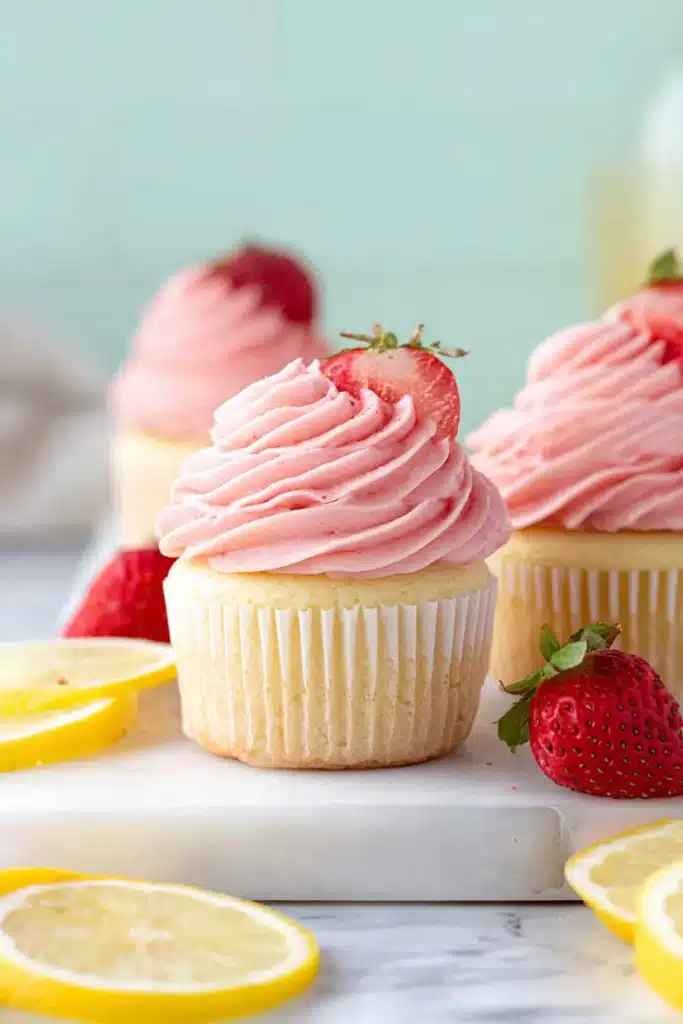 Strawberry Lemonade Cupcakes 1 Strawberry lemonade cupcakes with pink strawberry frosting and fresh lemon slices