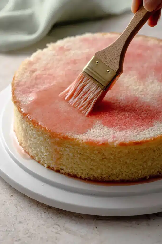Strawberry Shortcake Layer Cake 4 Strawberry shortcake layer cake sponge brushed with strawberry syrup