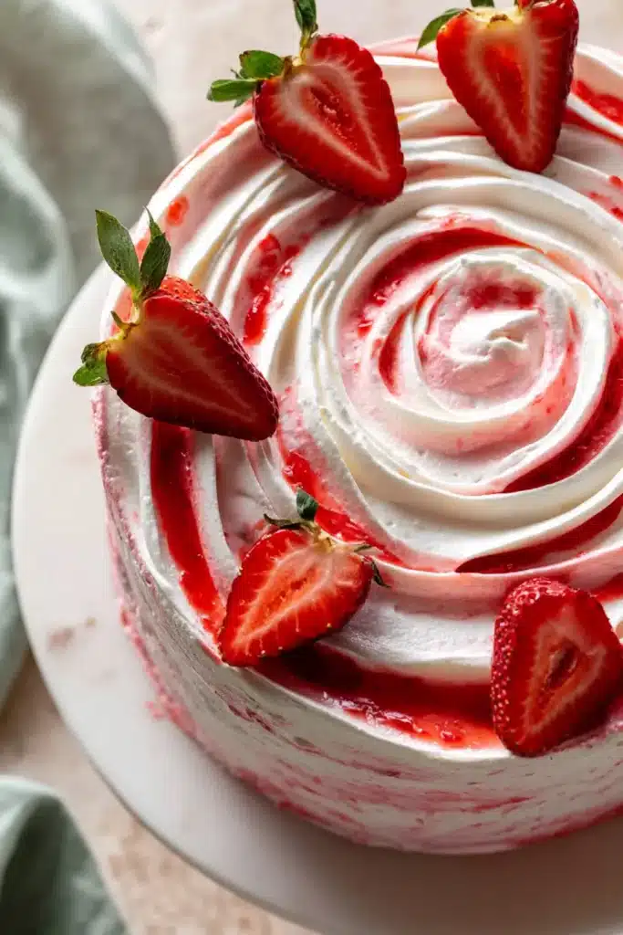 Strawberry Shortcake Layer Cake 6 Decorated strawberry shortcake layer cake with strawberry swirl frosting