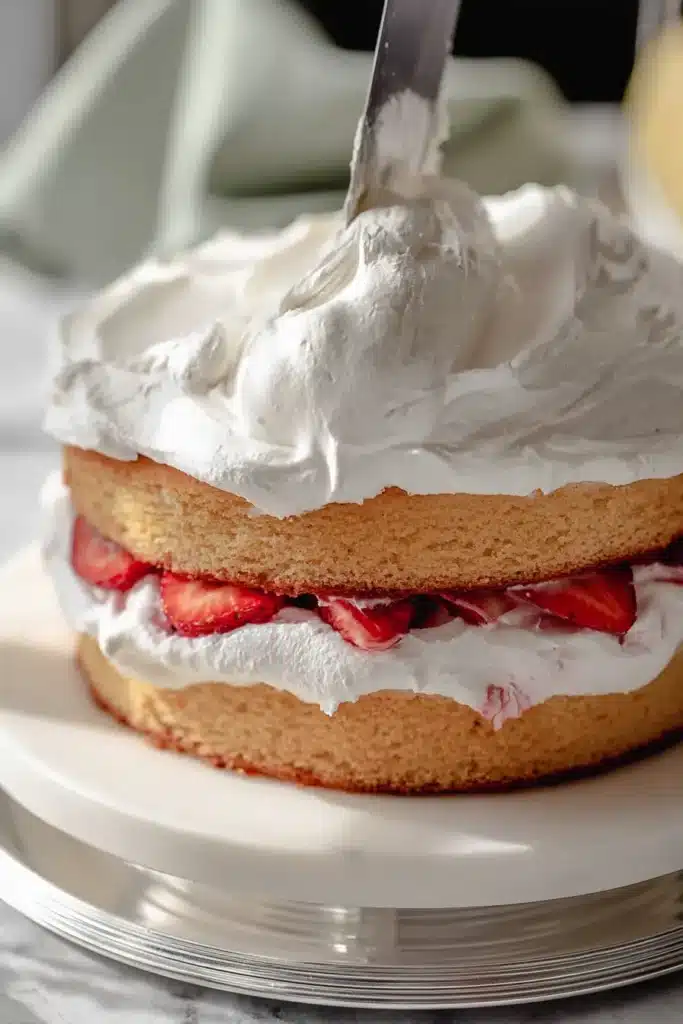 Strawberry Shortcake Layer Cake 5 Strawberry shortcake layer cake being frosted with whipped cream