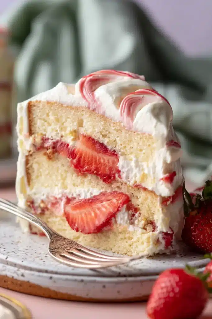 Strawberry Shortcake Layer Cake 1 Strawberry shortcake layer cake slice with whipped cream and fresh berries