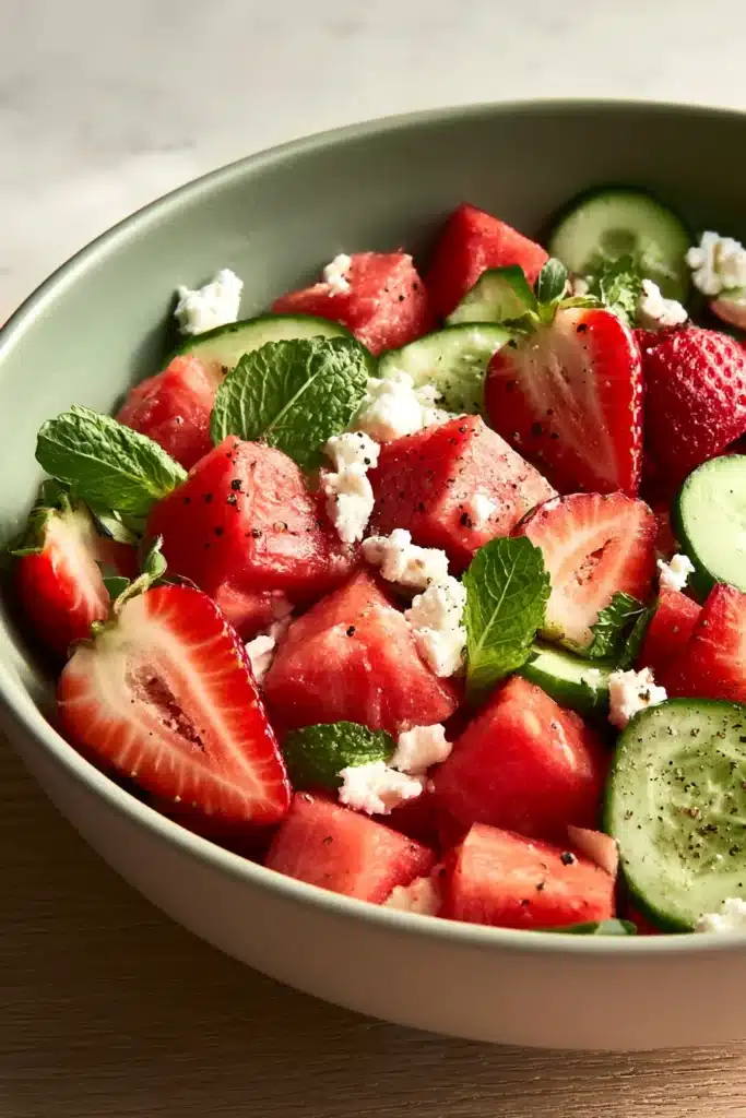 Strawberry Watermelon and Cucumber Salad 1 Strawberry Watermelon and Cucumber Salad with feta, mint, and fresh summer fruit