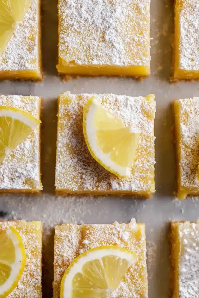 Super Easy Lemon Bars 2 Super Easy Lemon Bars dusted with powdered sugar and fresh lemon wedges