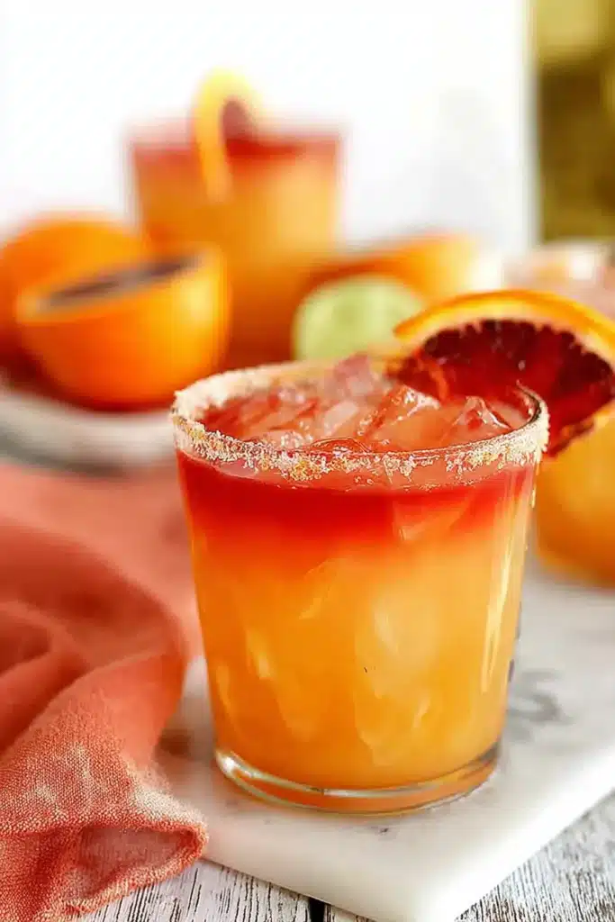 Tequila Sunrise Margarita 1 Tequila Sunrise Margarita with orange garnish and layered grenadine sunrise effect