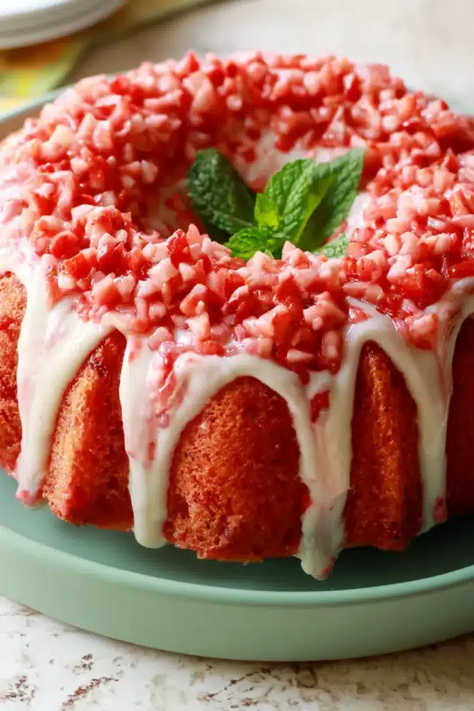The Strawberry Pound Cake 3 The Strawberry Pound Cake topped with vanilla glaze and fresh strawberries