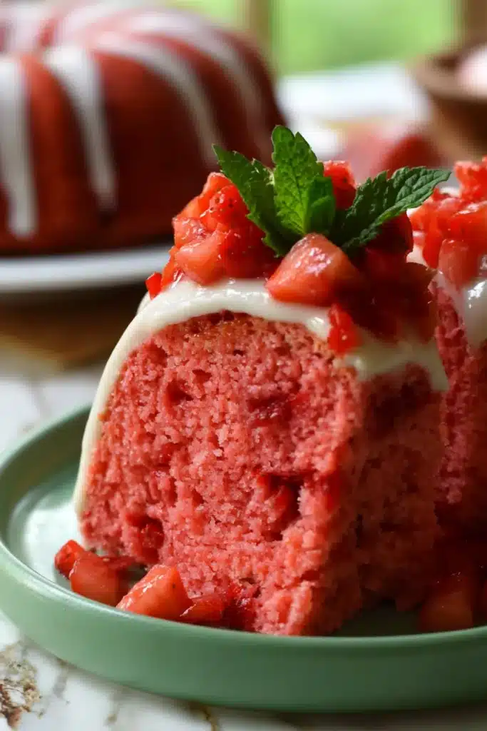 The Strawberry Pound Cake 1 The Strawberry Pound Cake slice with vanilla glaze and fresh strawberries
