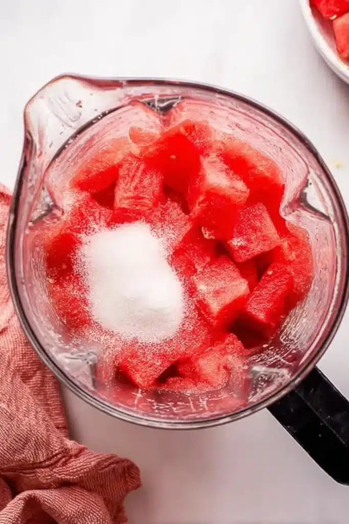 Watermelon Lemonade 3 Watermelon Lemonade ingredients in blender with watermelon and sugar