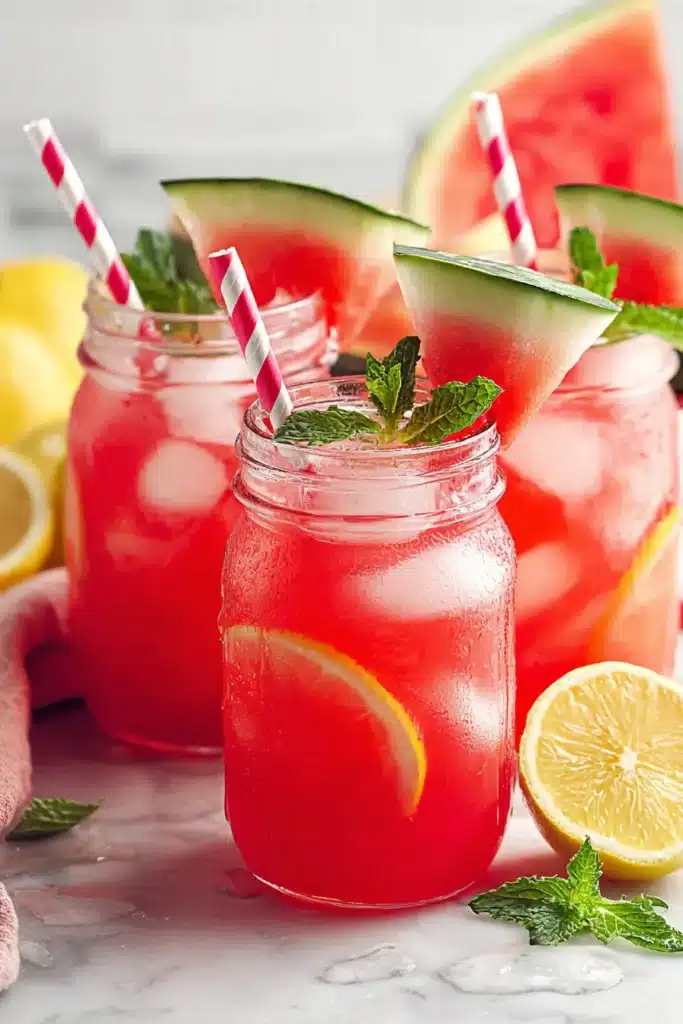 Watermelon Lemonade 2 Watermelon Lemonade in mason jars with ice, mint, and watermelon garnish