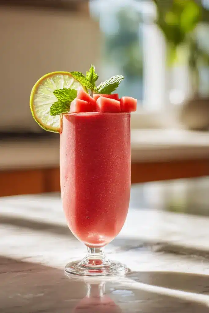 Watermelon Smoothie 1 Watermelon Smoothie in a tall glass with fresh mint and lime garnish