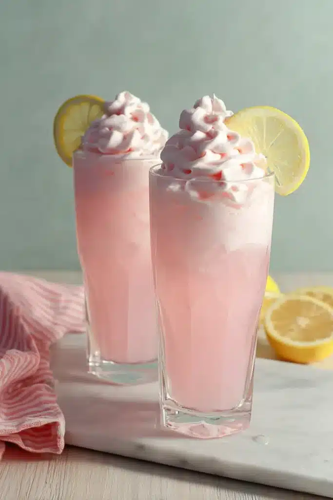 Whipped pink lemonade with creamy topping, ice cubes, and fresh lemon garnish in tall glasses