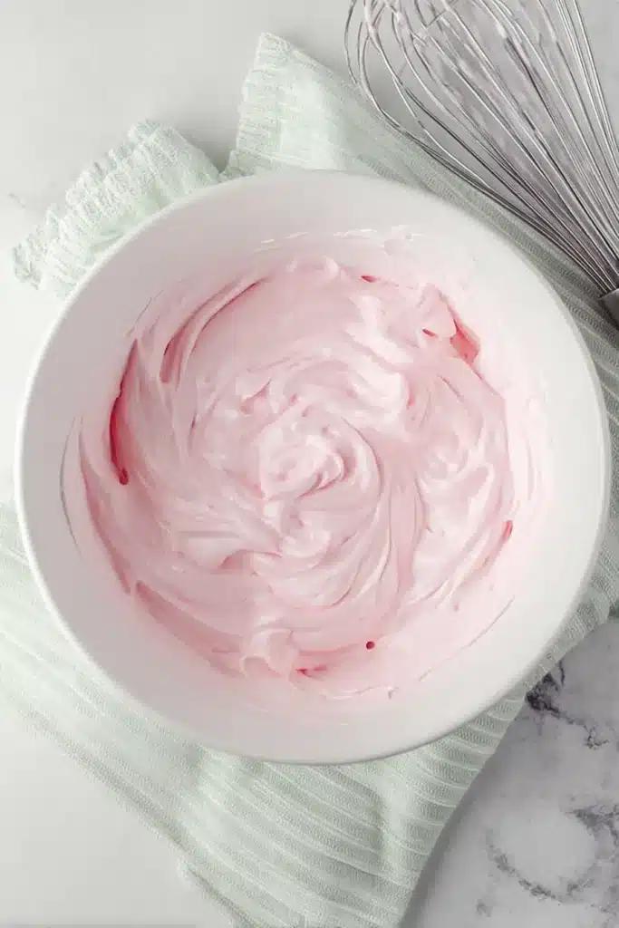 Whipped Pink Lemonade topping whipped to stiff peaks in a mixing bowl