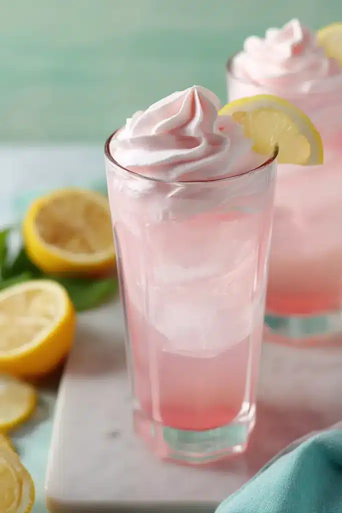 Whipped Pink Lemonade topped with fluffy pink cream and lemon garnish