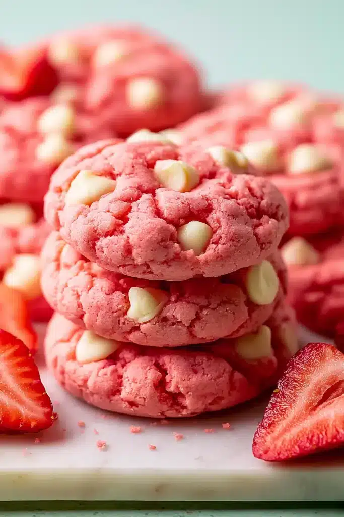 White Chocolate Chips Strawberry Cookies 1 white chocolate chips Strawberry Cookies with soft pink centers and creamy chips