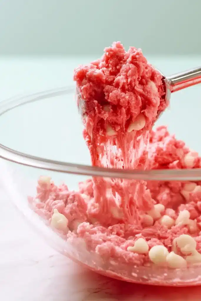 White Chocolate Chips Strawberry Cookies 2 white chocolate chips Strawberry Cookies dough mixed with white chocolate chips