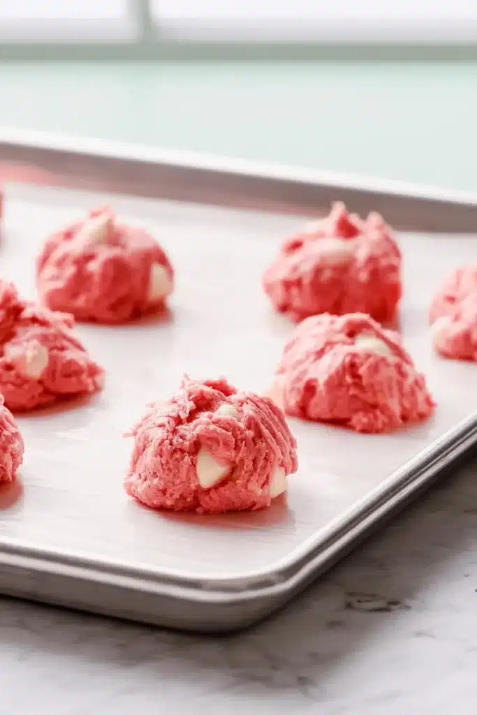White Chocolate Chips Strawberry Cookies 3 white chocolate chips Strawberry Cookies dough scooped onto baking sheet