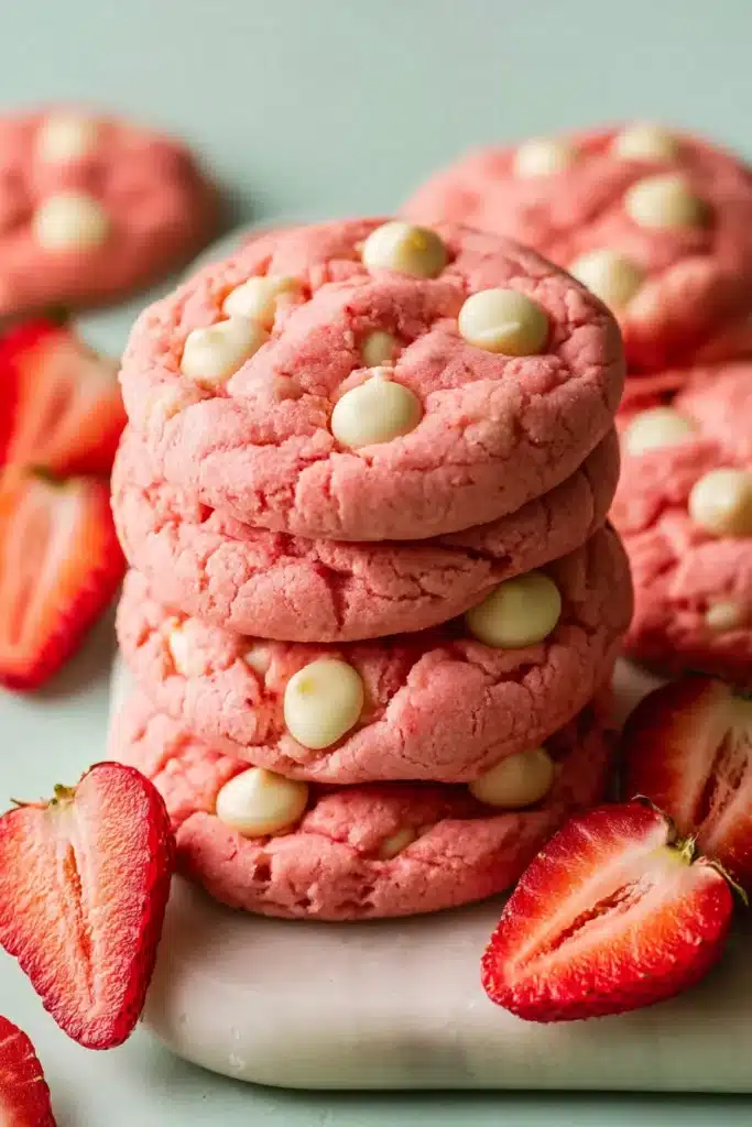 White Chocolate Chips Strawberry Cookies 4 white chocolate chips Strawberry Cookies baked soft with fresh strawberries
