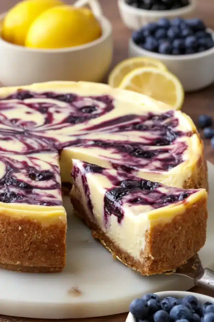 Lemon Blueberry Cheesecake 2 Lemon blueberry cheesecake with blueberry swirls and graham cracker crust