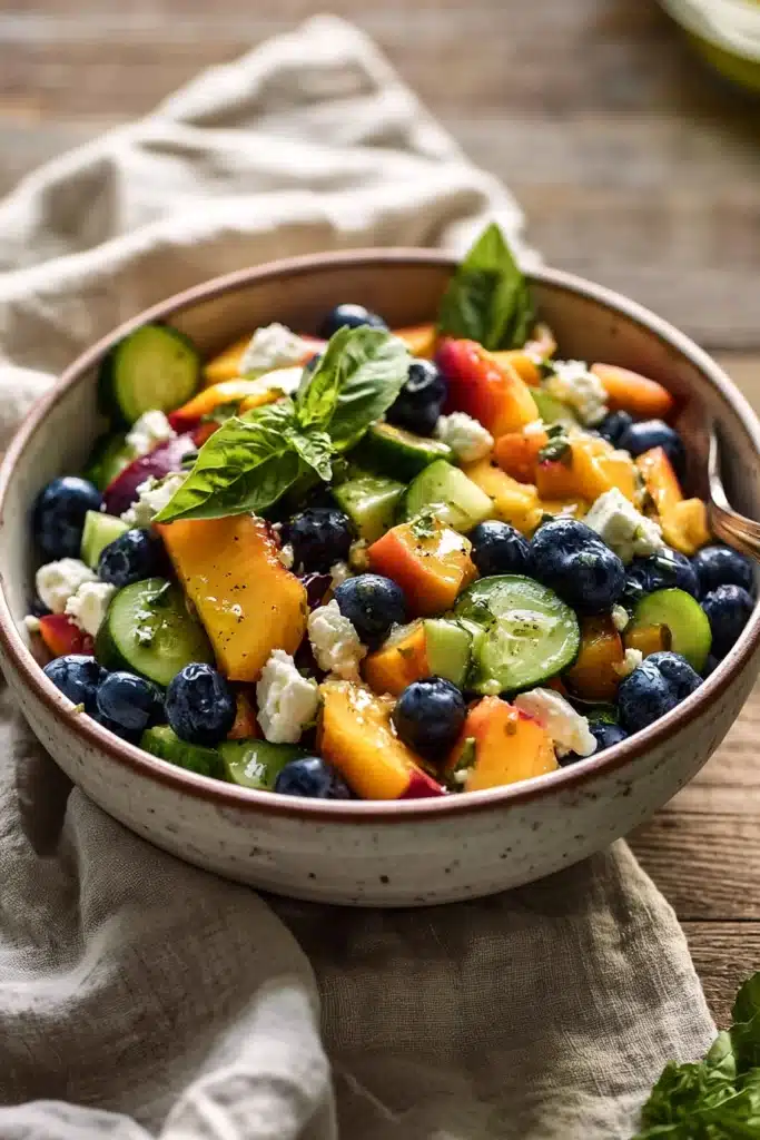 Blueberry Peach Feta Salad (Sweet, Savory, and Refreshing Summer Recipe) 4 Blueberry Peach Feta Salad with cucumbers, feta, and basil in a rustic bowl