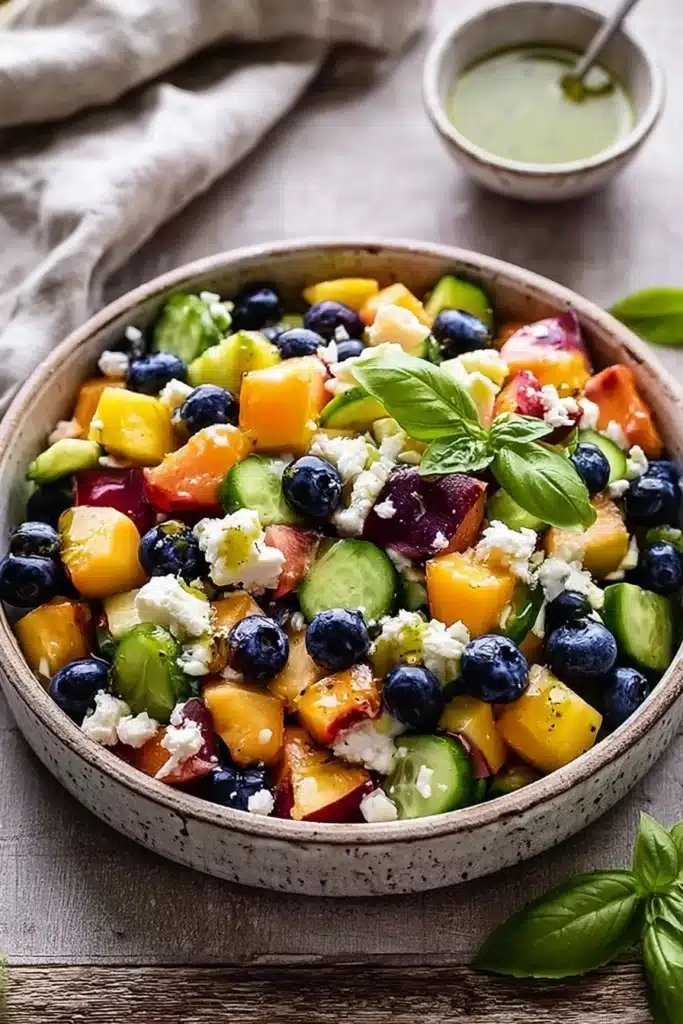 Blueberry Peach Feta Salad (Sweet, Savory, and Refreshing Summer Recipe) 1 Blueberry peach feta salad with cucumbers and basil in a rustic bowl