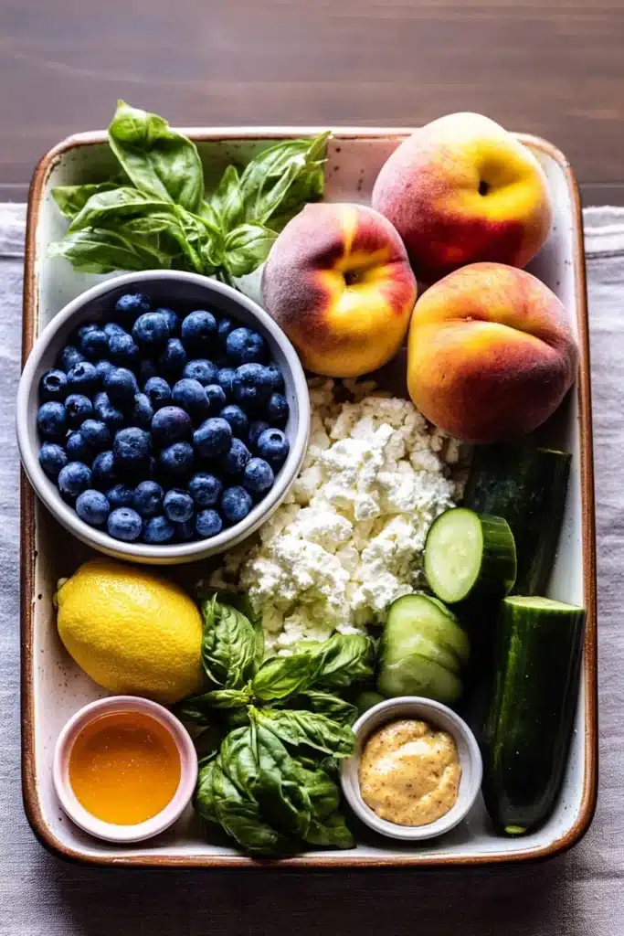 Blueberry Peach Feta Salad (Sweet, Savory, and Refreshing Summer Recipe) 2 Blueberry Peach Feta Salad ingredients with fresh fruit, feta, and basil