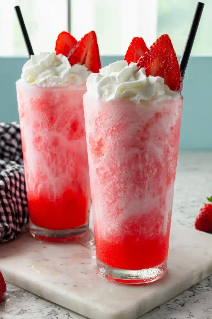 Coffee Creamer And Soda 1 Strawberry coffee creamer and soda drink with whipped cream in tall glasses