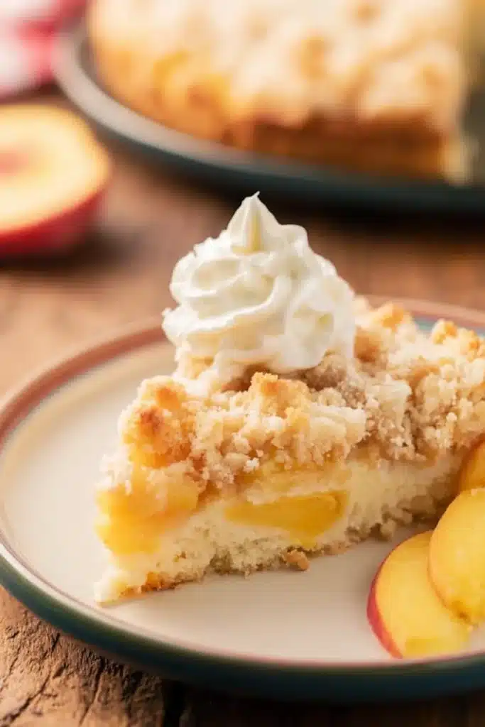 Easy Italian Peach Crumb Cake 1 Easy Italian peach crumb cake slice with whipped cream and fresh peach slices on a plate