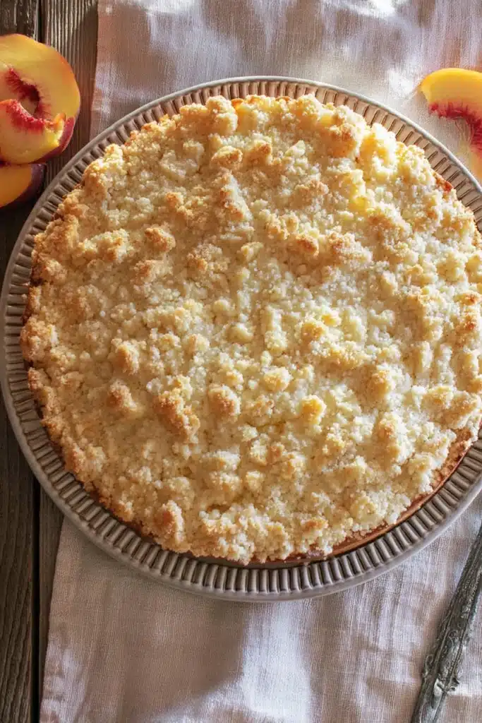 Easy Italian Peach Crumb Cake 2 Easy Italian Peach Crumb Cake with golden crumb topping and fresh peaches overhead view