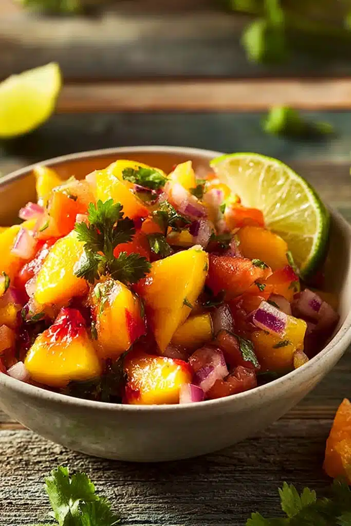 Fresh Peach Salsa Recipe 1 Fresh peach salsa with tomatoes, red onion, cilantro, and lime in a bowl