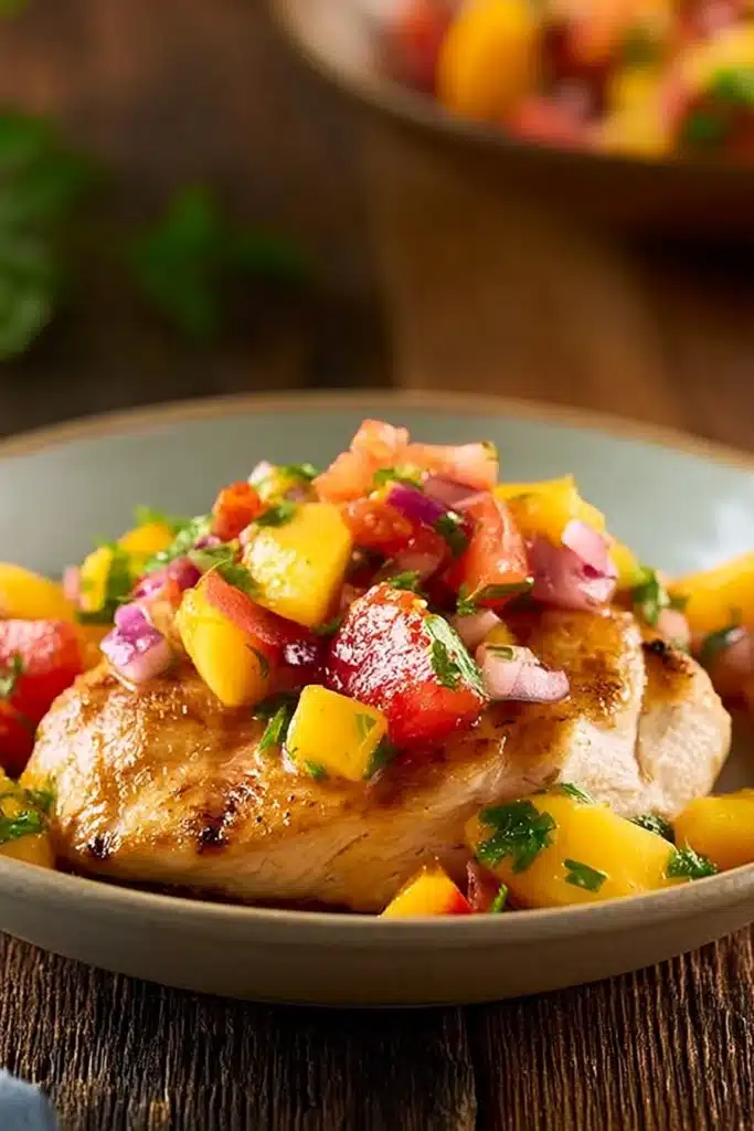 Fresh Peach Salsa Recipe 3 Grilled chicken topped with Fresh Peach Salsa and herbs