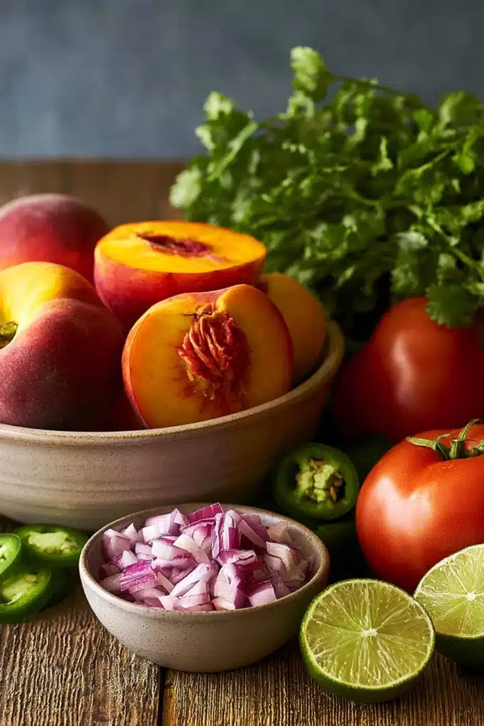 Fresh Peach Salsa Recipe 2 Fresh Peach Salsa ingredients with peaches, tomato, onion, jalapeño, lime, and cilantro