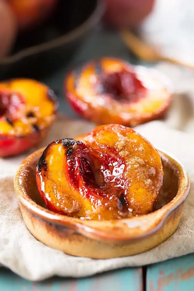 Grilled Peaches with Cinnamon and Brown Sugar 3 Grilled Peaches with Cinnamon and Brown Sugar in skillet with caramelized glaze