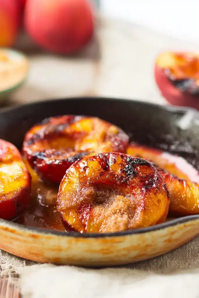Grilled Peaches with Cinnamon and Brown Sugar 2 Grilled Peaches with Cinnamon and Brown Sugar caramelizing in skillet