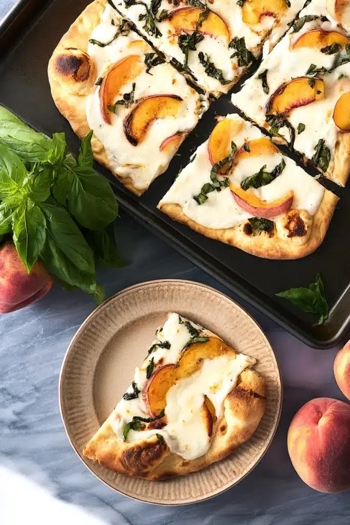 Peach And Basil Naan Bread Pizza Recipe 2 Peach And Basil Naan Bread Pizza sliced on tray with fresh peaches and basil