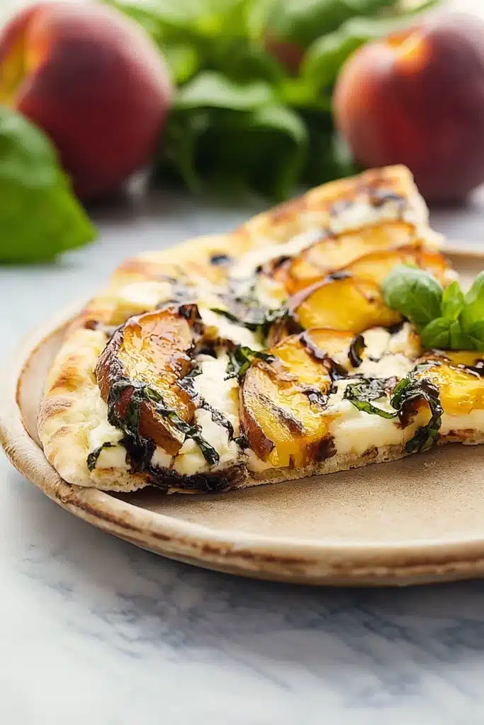 Peach And Basil Naan Bread Pizza Recipe 1 Peach and basil naan bread pizza slice with mozzarella and balsamic glaze on a plate