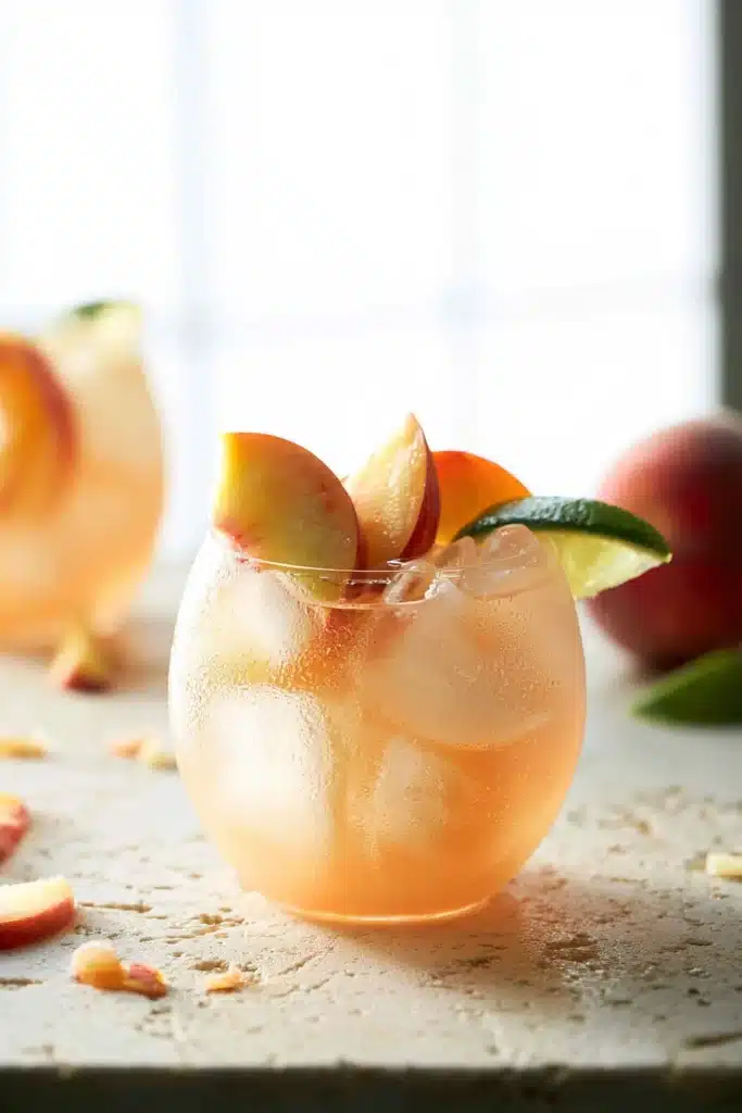 Peach Moscow Mule Recipe That Is Fresh, Sweet, and Easy 1 Peach Moscow Mule cocktail with fresh peaches, lime, and ice in a glass