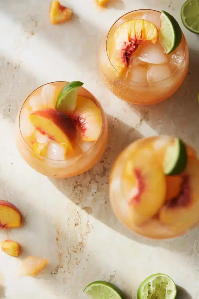 Peach Moscow Mule Recipe That Is Fresh, Sweet, and Easy 2 Peach Moscow Mule cocktail with fresh peaches, lime, and ice top view
